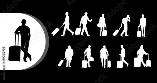 A collection of silhouetted travelers walking with luggage on a black background