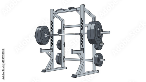 Sturdy steel power rack station features several barbells and heavy weights for professional gym strength training workouts.