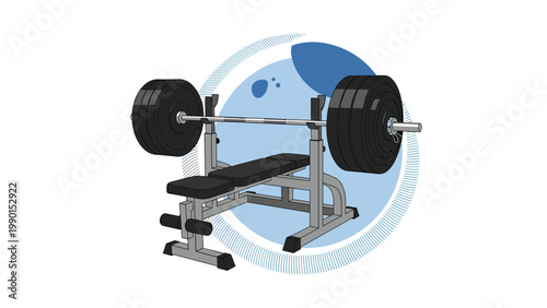 Heavy barbell with large plates sits ready on a weightlifting bench press station for a bodybuilding chest workout.