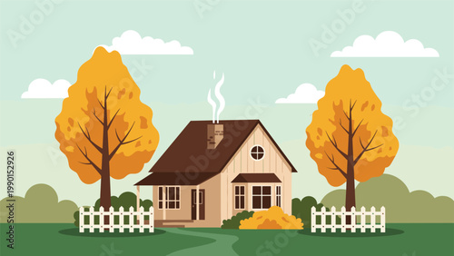 Cozy little cottage with a smoking chimney sits in a peaceful autumn landscape between two large yellow leaf trees.