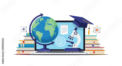 Digital learning and online education concept featuring a laptop surrounded by science tools, books, a globe, and a graduation cap.