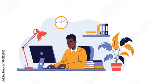 Professional man works diligently at his computer desk in a bright office space decorated with a lamp and large plant.