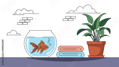 Goldfish swims inside a glass bowl placed on a shelf next to folded towels and a healthy green potted houseplant.