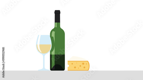 Elegant bottle of white wine stands next to a filled glass and a wedge of cheese for a gourmet snack presentation.
