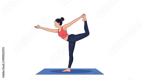Fit woman practices a challenging yoga balance pose on a blue mat against a clean white background for wellness.