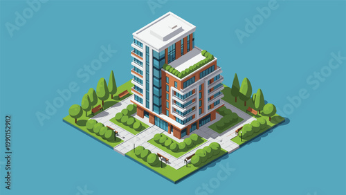 Isometric view of a modern multi-story apartment building with rooftop gardens and surrounding trees in an urban park.