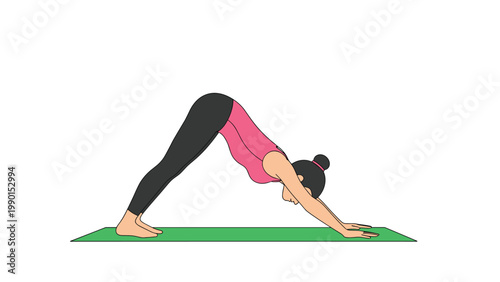 Yoga practitioner performs the downward facing dog pose on a green mat representing flexibility and healthy lifestyle.