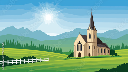 Beautiful historic church stands in a lush green valley with distant mountains and a bright morning sun in the sky.