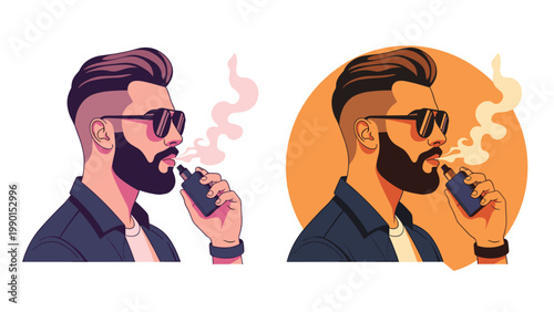 Two profile illustrations show a trendy bearded man with sunglasses using a vape pen with stylized vapor clouds.