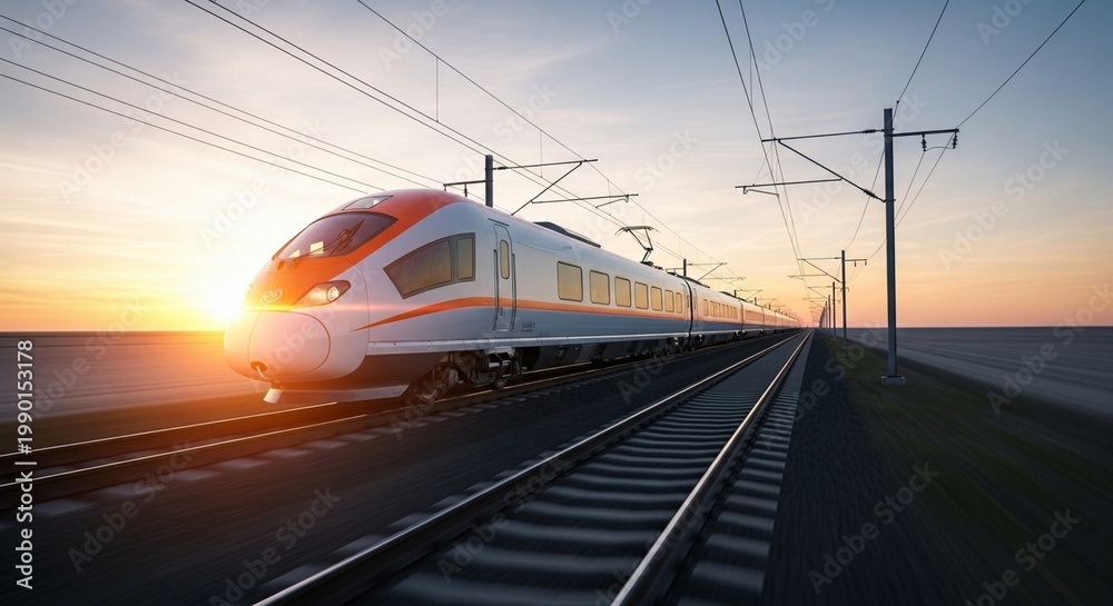 Fototapeta premium High Speed Train Traveling at Sunset