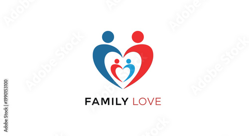 Family love logo with four figures forming a heart shape in blue and red.