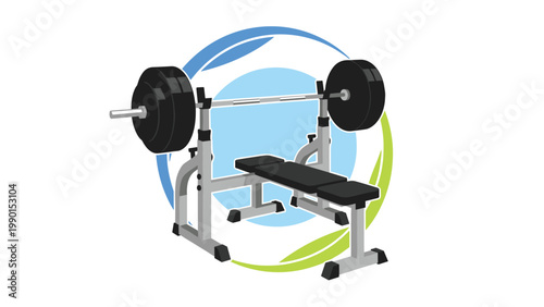 Professional weightlifting bench press station with a heavy barbell and black weights in front of a colorful abstract circle background.