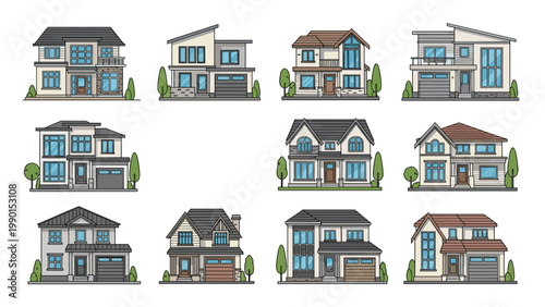 Collection of eleven modern architectural house designs with different layouts, featuring garages, balconies, and landscaped yards in a set.