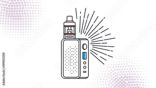 Modern electronic cigarette or vape device shown in a detailed line art illustration with a decorative dotted and radiant background.