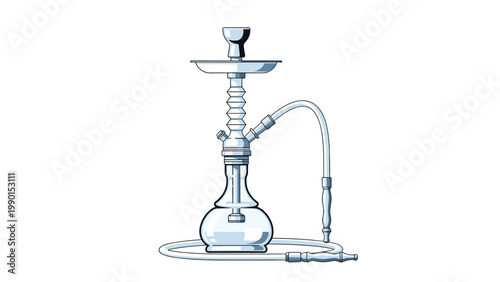 Elegant glass hookah illustration for smoking flavored tobacco, featuring a tall structure and long flexible hose on a clean white backdrop.