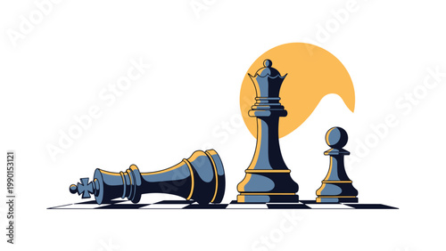 Strategy and defeat represented by chess pieces on a board including a fallen king, a queen, and a pawn against an abstract background.