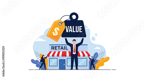 Retail business value and pricing strategy concept featuring a businessman lifting a heavy weight symbol in front of a shop.