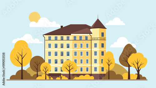 Grand classical building with a tower surrounded by colorful autumn trees and a park bench under a bright sun in a scenic landscape.