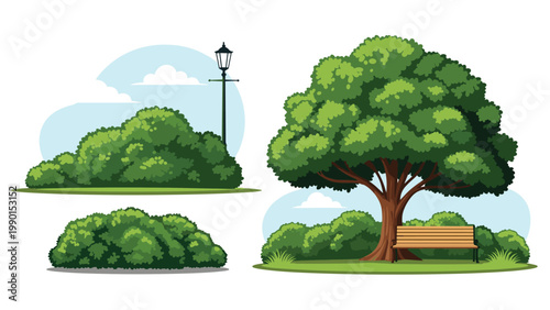 Beautiful park elements including a large leafy tree, various green bushes, a wooden park bench, and a vintage street lamp in a garden.