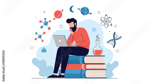 Focused man sitting on a large stack of books and using a laptop while surrounded by various scientific and cosmic research symbols.