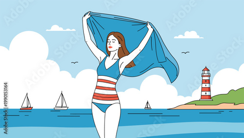 Graceful woman in a striped swimsuit standing on a beach while holding a large blue towel blowing in the breeze near a lighthouse.