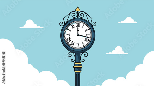 Elegant vintage style clock mounted on a decorative lamp post against a light blue sky with soft clouds, showing three o clock.