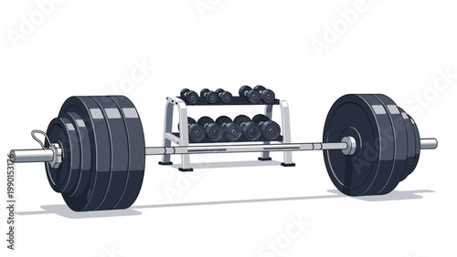 Heavy weighted barbell resting on a gym floor with a large rack of various dumbbells in the background, representing fitness training.