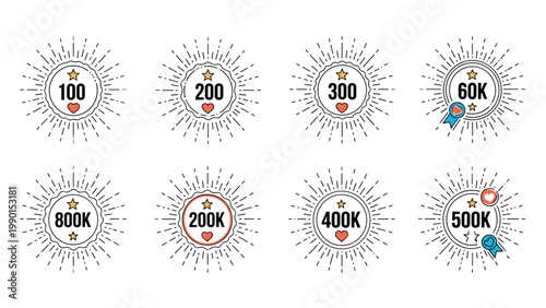 Collection of social media milestone badges with sunburst frames and heart icons marking various follower and like counts for creators.