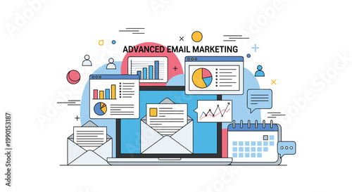 Advanced email marketing campaign management showing a laptop with open envelopes, data analytics charts, and a scheduling calendar.