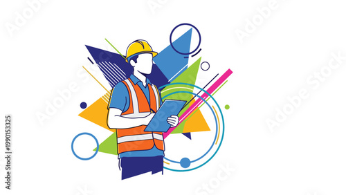 Construction site supervisor wearing a yellow hard hat and safety vest holding a blue clipboard and looking professional against abstract shapes.