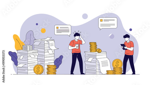 Stressed office workers overwhelmed by huge piles of paperwork and documents while managing stacks of gold coins in a busy business setting.