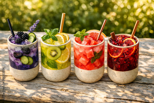 Colorful fresh fruit mocktails in glasses summer refreshment
