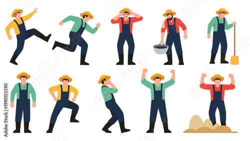 Hardworking farmer or laborer wearing a straw hat and blue overalls shown in various active poses including running, walking, and digging.