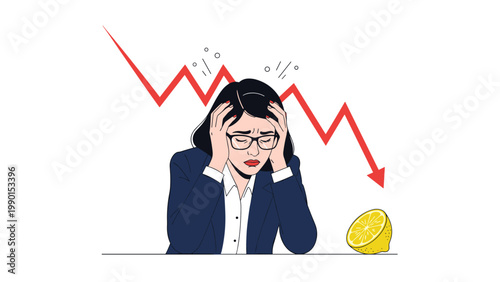 Stressed businesswoman with her hands on her head looking down at a desk with a sharp red arrow pointing downwards representing financial loss.