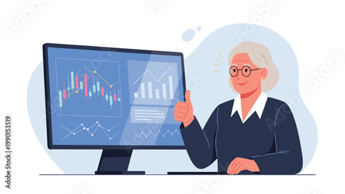 Elderly businesswoman with white hair and glasses gives a thumbs up while monitoring a large screen with real-time stock market data and charts.