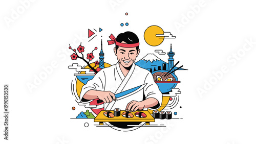 Professional sushi chef wearing a traditional red headband is skillfully preparing rolls against a background of famous Japanese landmarks and food.