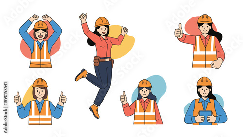 Group of cheerful female construction workers in safety gear are shown celebrating together with thumbs up and jumping for joy on the job site.