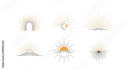 Set of six minimalist sun and moon line art icons depicting sunrise, sunset, and celestial landscapes in gold and black.