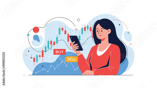 Young woman with long dark hair is using her smartphone to manage stock market investments while standing in front of colorful candlestick charts.