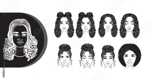 A black and white illustration of a woman with various hairstyles and expressions.