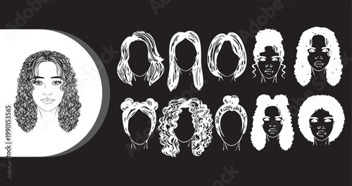 A diverse collection of illustrated hairstyles and faces in black and white