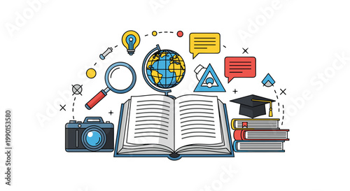 Education research and knowledge discovery concept showing an open book surrounded by a globe, camera, and scientific tools.