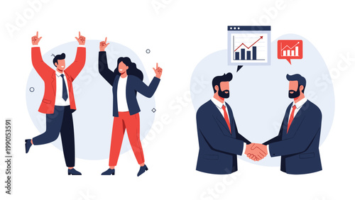 Business success illustrations show a man and woman celebrating and a professional handshake between two businessmen to represent new partnerships.