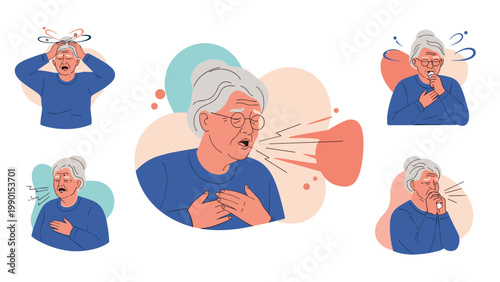 Elderly woman with gray hair experiencing common cold and flu symptoms such as coughing, sneezing, dizziness, and feeling generally unwell.