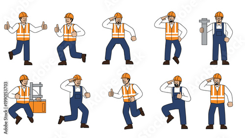 Group of construction workers in safety vests and hard hats performing different actions like running, saluting, and giving a thumbs up sign.