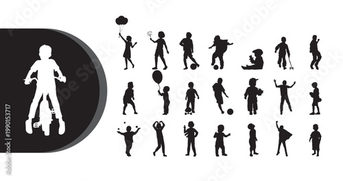 A collection of black and white silhouettes of children playing various sports and games