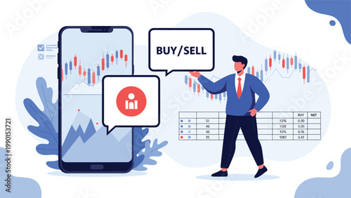 Businessman analyzing stock market trends on a large smartphone screen with candlestick charts and buy sell order options in a modern style.