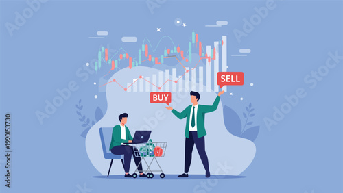 Two professional traders monitoring the global stock market and discussing investment strategies with buy and sell labels over blue background.