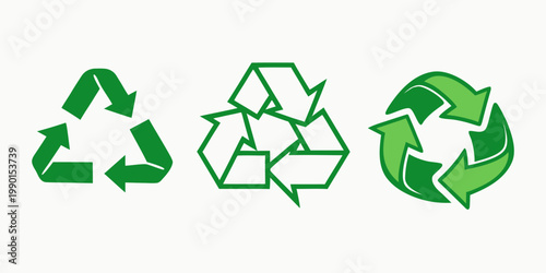 Set of three green recycling symbols isolated on white background