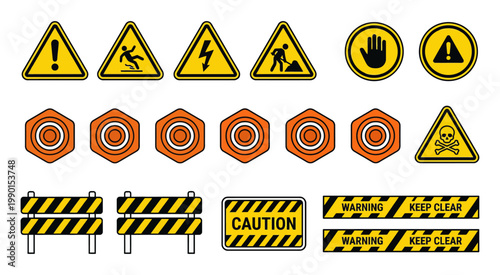 Mixed warning icons including hazard signs, stripes, and caution labels in flat style.